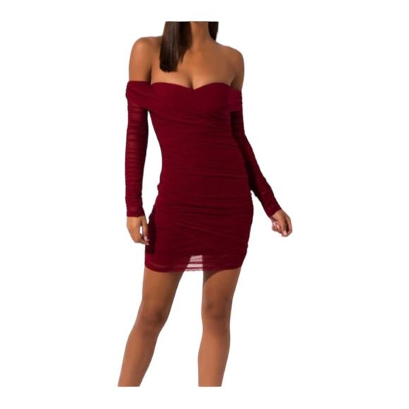Akira red ruched sexy mini dress long sheer sleeves off shoulder womans large u - Picture 1 of 12